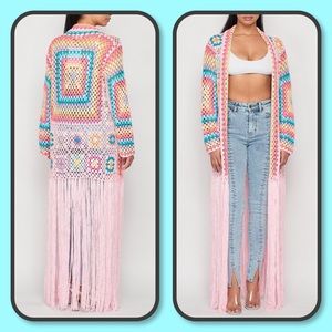 Pink Multicolor Fringe Long Open Crochet Coverup